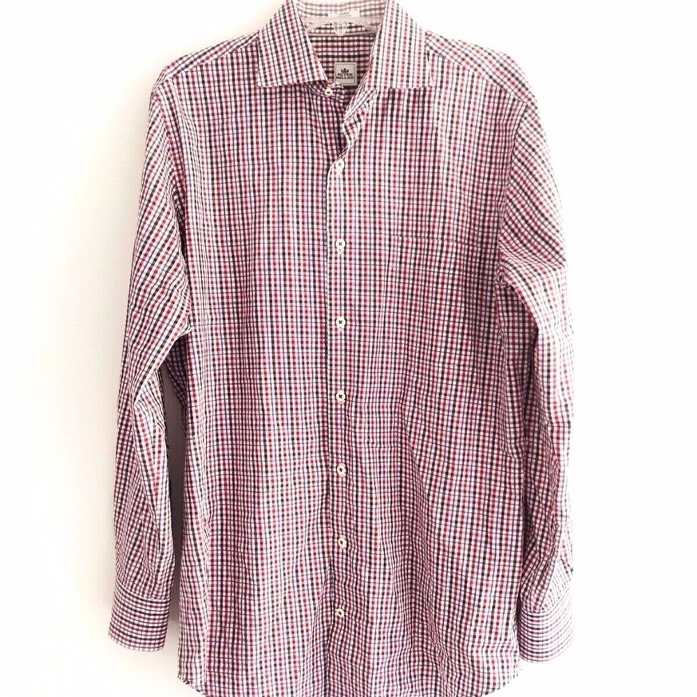 Peter Millar | Check Button Front Dress Shirt Medium Red Striped Button Cuff